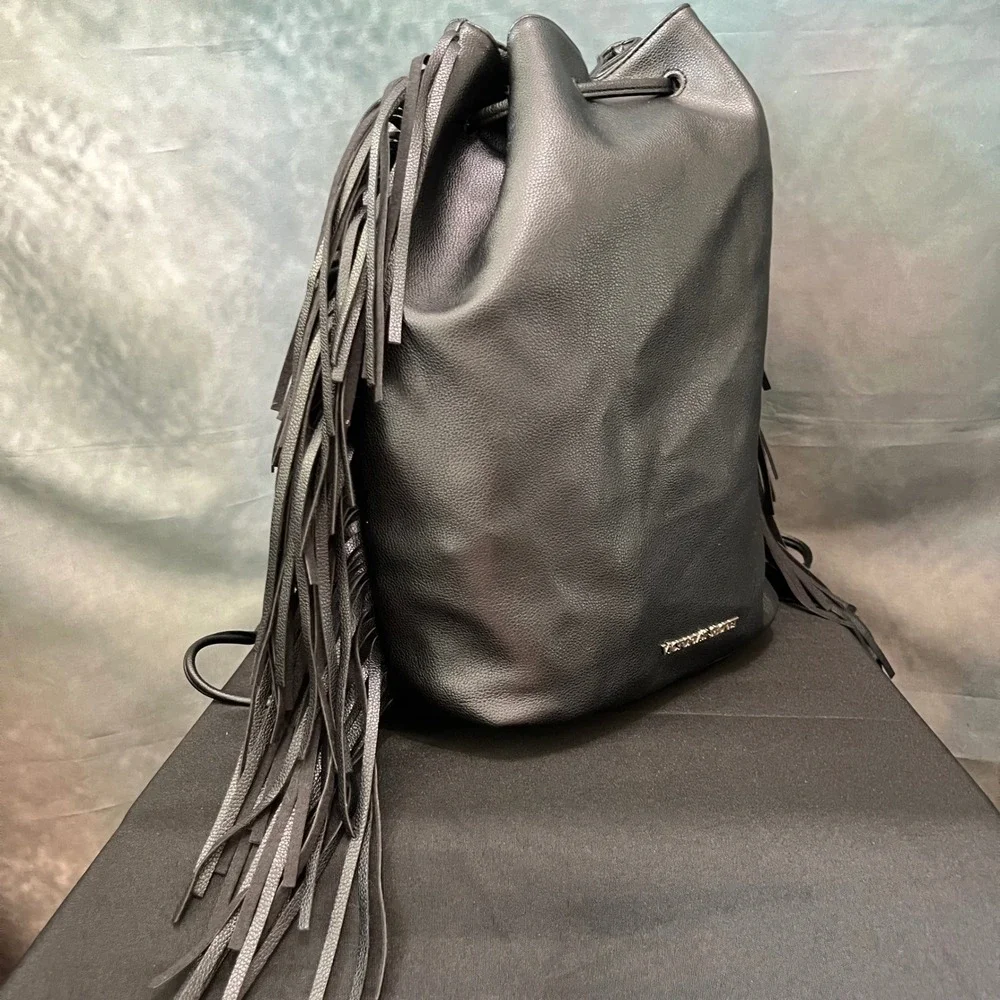 Victorias Secret Black Faux Leather Fringe Drawstring‎ Backpack Gold Logo Bag